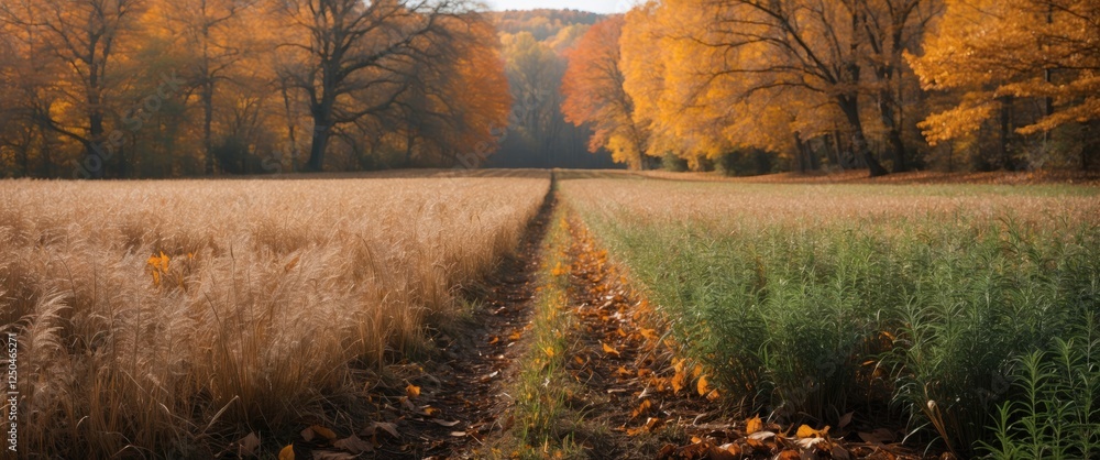 Aufkleber autumn landscape with golden trees and wheat field versatile background for text placement