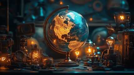 Illuminated Globe on Dark Surface with Glass and Metal Objects