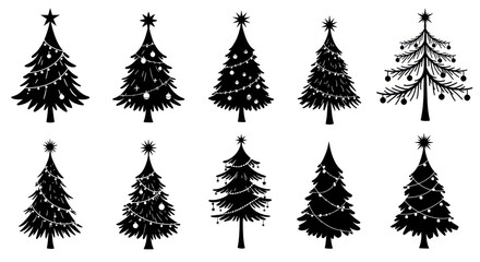 Obraz premium Christmas trees, silhouettes, variety of decorations, star toppers, garlands, ornaments, festive, holiday icons, black and white, minimalist design, vector graphics
