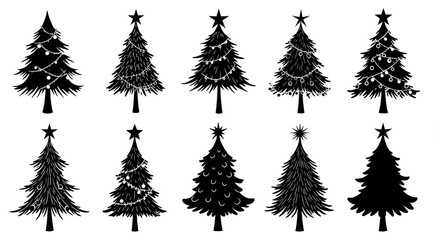 Fototapeta premium Christmas trees, silhouettes, variety of decorations, star toppers, garlands, ornaments, festive, holiday icons, black and white, minimalist design, vector graphics
