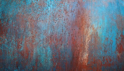 weathered metal surface with oxidized rust texture and vibrant blue patina for abstract background