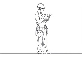 line drawing, construction worker, power drill, ladder, safety helmet, minimalist sketch, black and white illustration, side view, manual labor