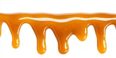 Close-up of thick glossy caramel sauce dripping on a white background with honey texture