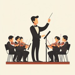 Fototapeta premium An illustration of an orchestra conductor leading a string ensemble during a performance.