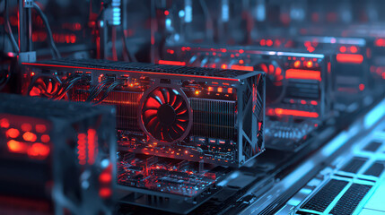 Row of glowing, advanced computer graphics processing units (GPUs) in a data center.  High-tech, futuristic server farm.  Illuminated components with vibrant red and blue lights.