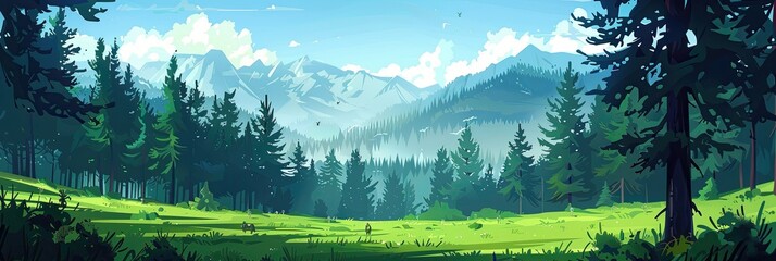 Peaceful summer mountain ranges surrounded by vibrant forests, inviting exploration and camping under clear skies.