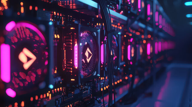 Futuristic server rack with glowing circuits and neon lights.