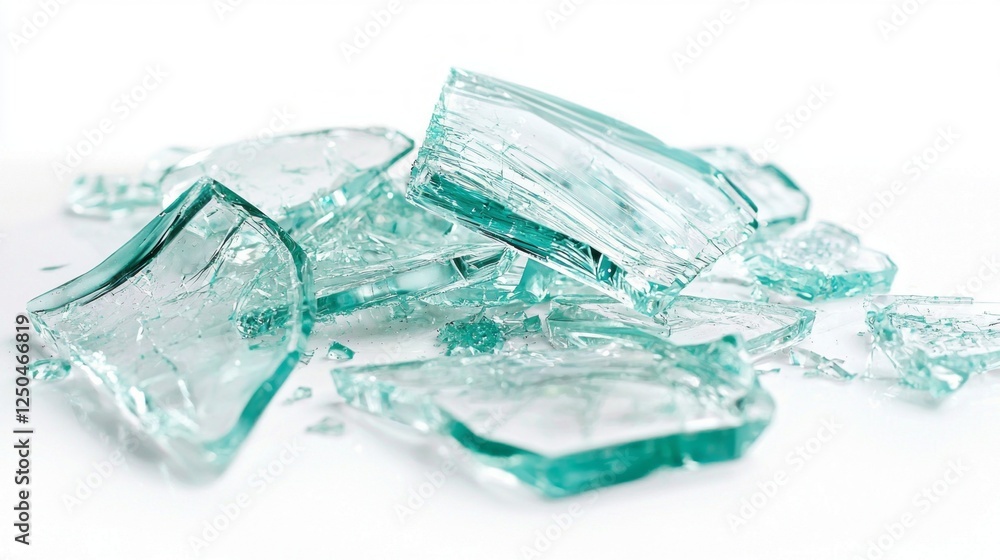 Poster Broken glass pieces lay haphazardly on a pristine white surface, reflecting light in various angles and creating intricate patterns. The sharp edges and glimmers evoke a sense of fragility