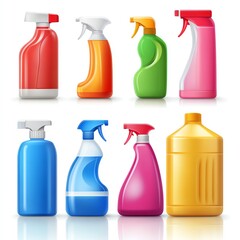 Assorted cleaning spray bottles in various colors and shapes for household use.