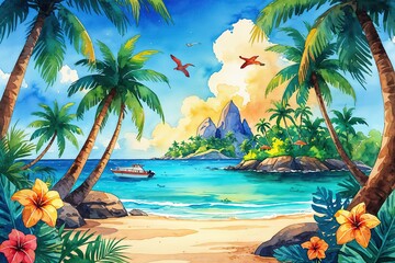 Bright Tropical Island Cartoon Scene with Animal Border in Watercolor Style
