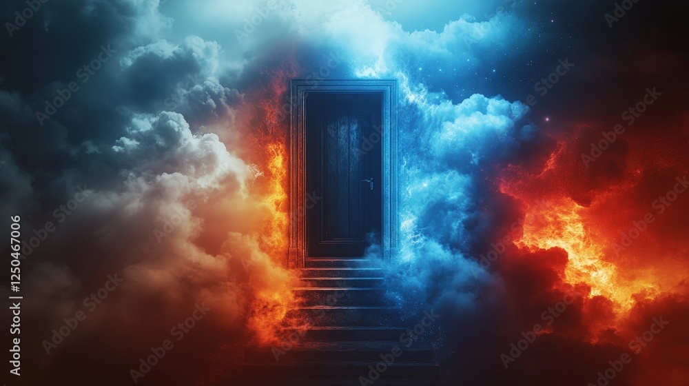 Aufkleber mysterious door surrounded by fiery and cool clouds in a surreal scene representing choices and dual