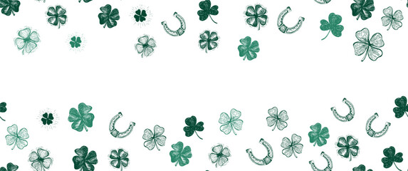 St. Patricks Day, clover pattern on white. Hand drawn illustrations