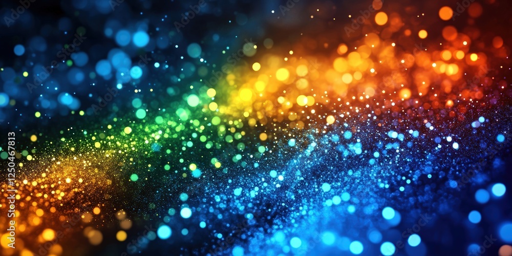 Poster futuristic dynamic background with colorful bokeh lights in a gradient of deep blue, bright orange, 