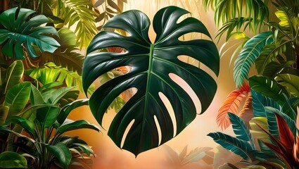 Lush Tropical Jungle with Vibrant Monstera and Exotic Green Foliage