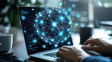 Close-up of a person using a laptop with a global network graphic overlay, showcasing digital transformation and global connectivity..