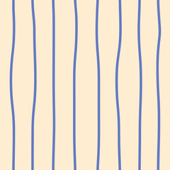 Abstract seamless pattern of thin blue wavy curved vertical stripes on light background, simple cute hand drawn illustration, flat style