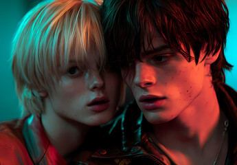 Naklejka premium Young couple with striking hairstyles posing closely in dramatic lighting at a vibrant urban setting