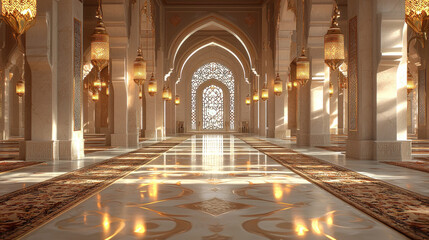 Obraz premium Grand mosque interior, ornate arches, sunlight, peaceful atmosphere, architectural design