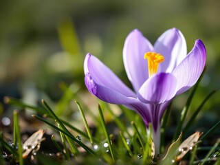 Delicate violet spring Delicate violet spring crocus flower unfolding its petals in the soft morning dew, spring, field, blooming