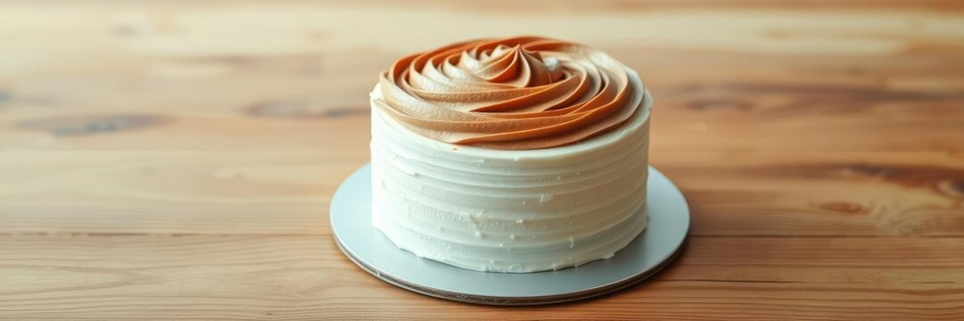 Delicate white cake with swirled brown frosting on a wooden table, food, dessert, decoration
