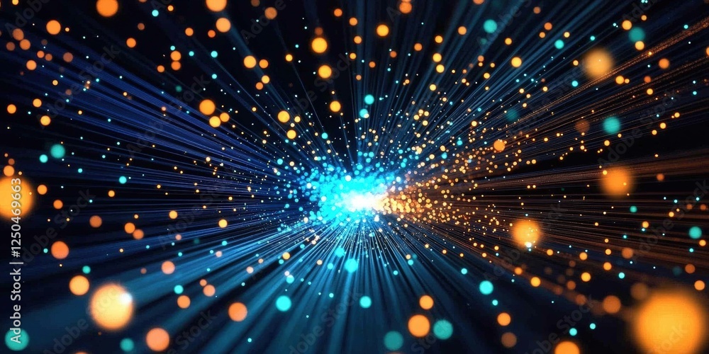 Poster dynamic blue and green light background with radiant particles and abstract lines creating a vibrant