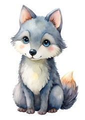 Obraz premium Cute watercolor wolf illustration, adorable animal character, vibrant colors, children's art, playful design.
