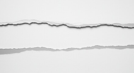 Torn paper edges, white background, ripped paper texture, minimalist design, abstract composition, negative space, subtle shading, grayscale tones, organic