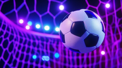 Obraz premium Soccer Ball Goal Success - A soccer ball in flight, entering the goal net, symbolizes victory, triumph, achievement, skill, and teamwork.