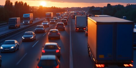 Sunset Traffic Jam, Highway Congestion During Golden Hour Rush