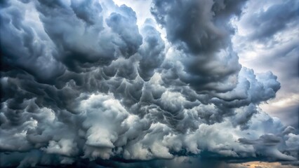 Dense grey clouds with thick, billowy masses of stratocumulus cloud formations, dense, turbulent, weather, rugged