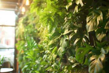A large living wall in an office space is filled with lush green plants, creating a vibrant and sustainable indoor environment.