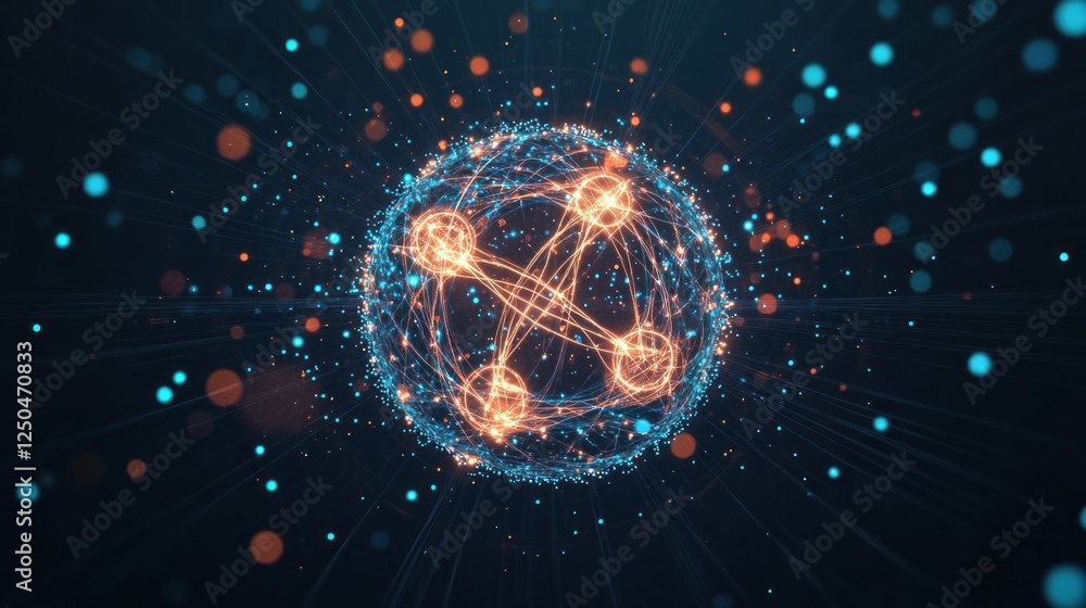 Poster abstract technology network sphere with glowing connections and data flow