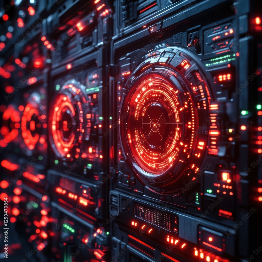 Poster futuristic server panels illuminated with red and green lights in a high-tech digital environment