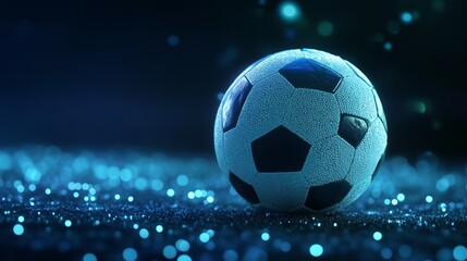 Fototapeta premium Soccer Ball on Blue Glitter - Close-up of a soccer ball resting on blue glitter, illuminated in low light. Perfect for sports themes.