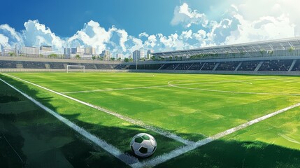 Soccer Field Stadium Scene - Lush green soccer field, bright sunny day, city skyline, empty stadium seats, single ball. Symbolizes competition, sportsmanship, achievement, teamwork, victory.