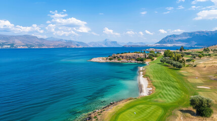 A golf course in Greece offers a sea view, with an aerial view of a golf hole on an island surrounded by blue water and mountains.