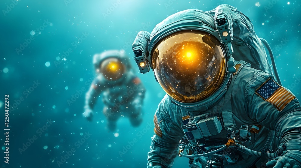 Poster astronaut floating in the vastness of the cosmic universe with glowing lights nebulas and other cele