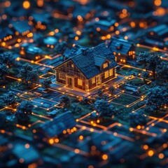 Aerial View of a Cozy House with Warm Lights in a Brightly Lit Neighborhood at Night