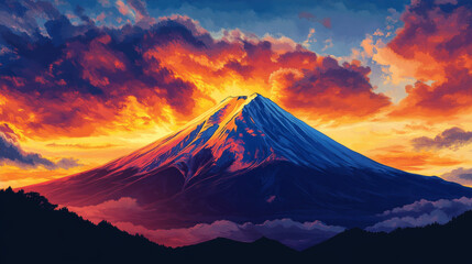 Fiery Summit: Mountain Peak Under a Blazing Sunrise
