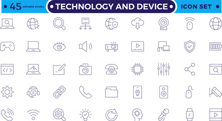 Technology and Device web icons in outline style. Computer monitor, smartphone, tablet, laptop, Mail, Search, Cloud, Media icon.Big UI icon set in a flat design. Editable stroke outline icon.
