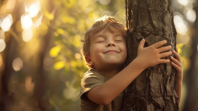 A little boy hugs a tree trunk in the forest. Environmental protection. Love of nature.