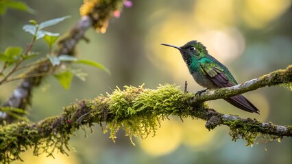 Fototapeta premium Green-crowned Brilliant Hummingbird Perched: A vibrant green-crowned brilliant hummingbird delicately perched on a moss-covered branch.