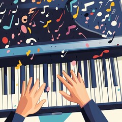 Creative hands playing piano surrounded by colorful music notes.