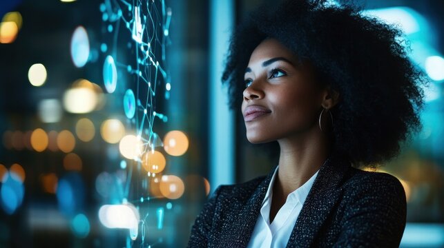 African American woman contemplates future technology advancements