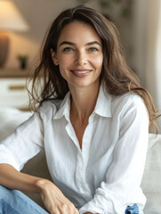 Woman sitting on a couch, smiling, surrounded by colorful throw pillows and a cozy blanket. Cozy and inviting living room setting with natural light.