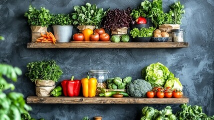 Fresh vegetables on wooden shelves, kitchen decor, healthy eating, home cooking