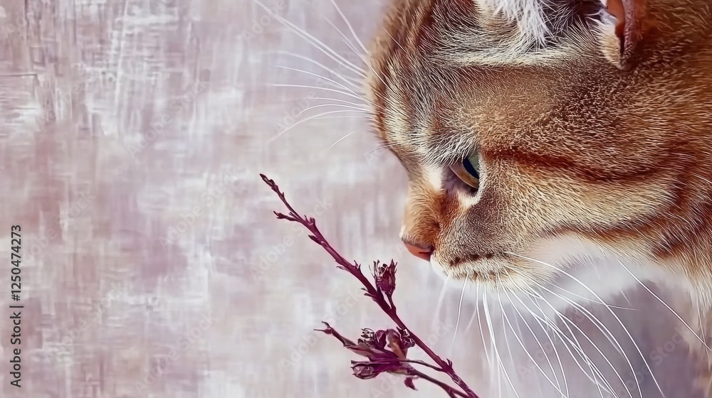 Poster a close-up of a cat curiously observing a twig.