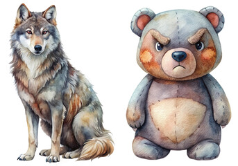 Watercolor wolf illustration, cute bear character, animal art, playful design, wildlife theme, children's decor.