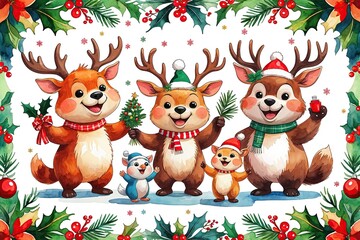 Naklejka premium Cheerful Cartoon Holiday Animals Celebrating in Bright Watercolor with Festive Border