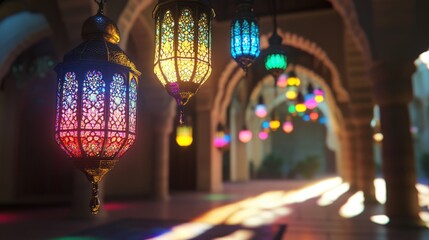 Elegant islamic eid al-adha greeting card design featuring traditional lanterns, golden arabic calligraphy, and a festive glow, symbolizing the spirit of the festival of sacrifice with spiritual warmt